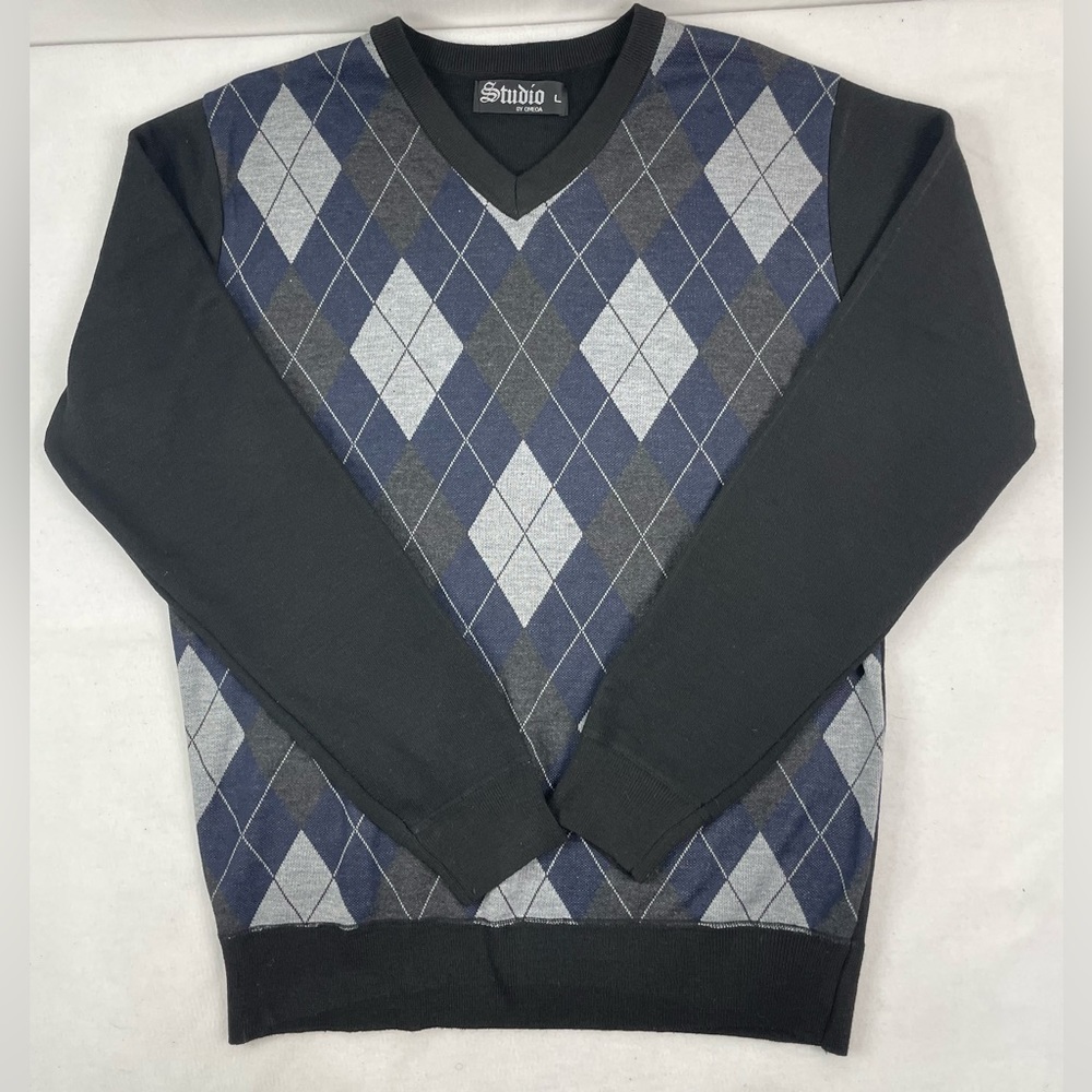 Mens Studio Size Large V Neck Black Blue Gray Diamond Plaid Dress Sweater